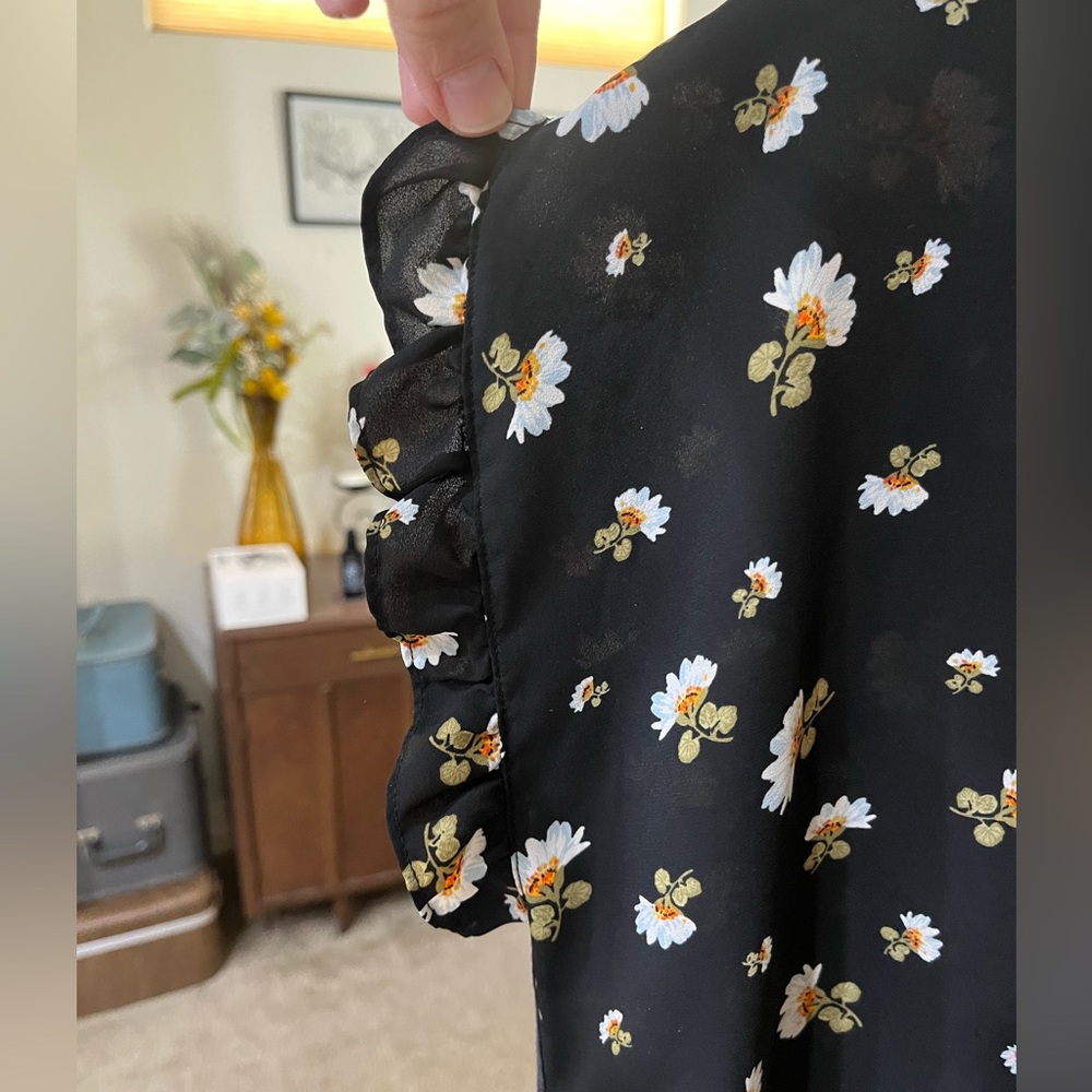 LOFT Black Daisy Print Blouse with White & Yellow Flowers - Picture 3 of 5